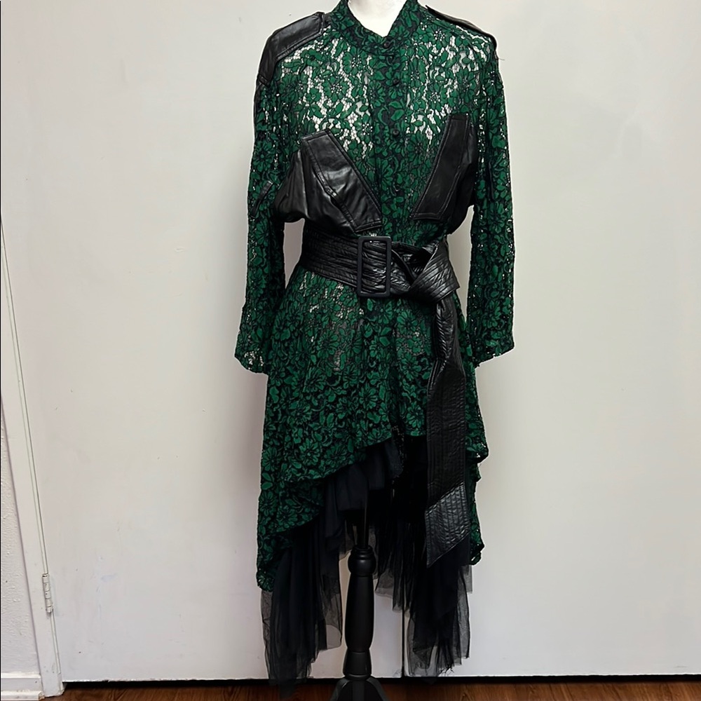 Tov Holy Los Angeles Green Lace Dress with Black faux Leather pockets and belt.